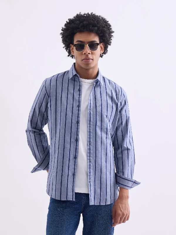 Exquisite Craftsmanship Blue Striped Slim Fit Casual Shirt