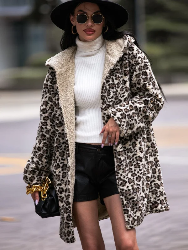 Casual Chic Leopard Hooded Coat with Pockets