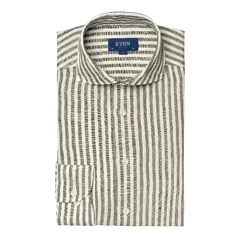 New Season Series Mid Green Striped Linen Slim Fit Shirt - ETON