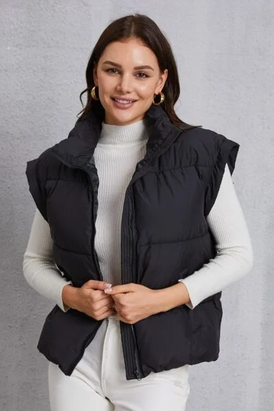 Elegant Wear Zip Up Turtleneck Pocketed Vest Coat