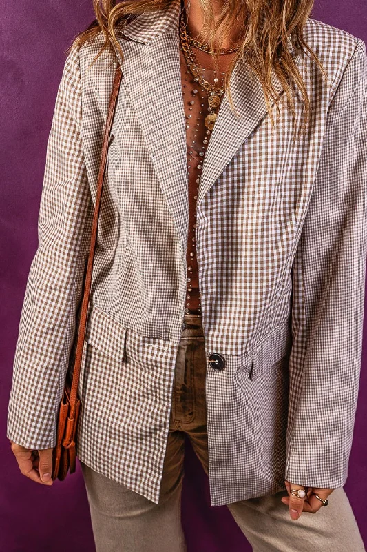 Noble Temperament Plaid Lapel Collar Pocketed Long Sleeve Blazer
