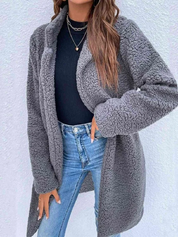 Sports Style Collared Neck Long Teddy Coat