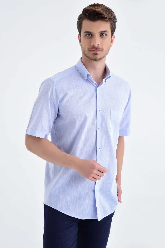 Exquisite Embroidery Regular Fit Linen & Cotton Blend Light Blue Casual Shirt