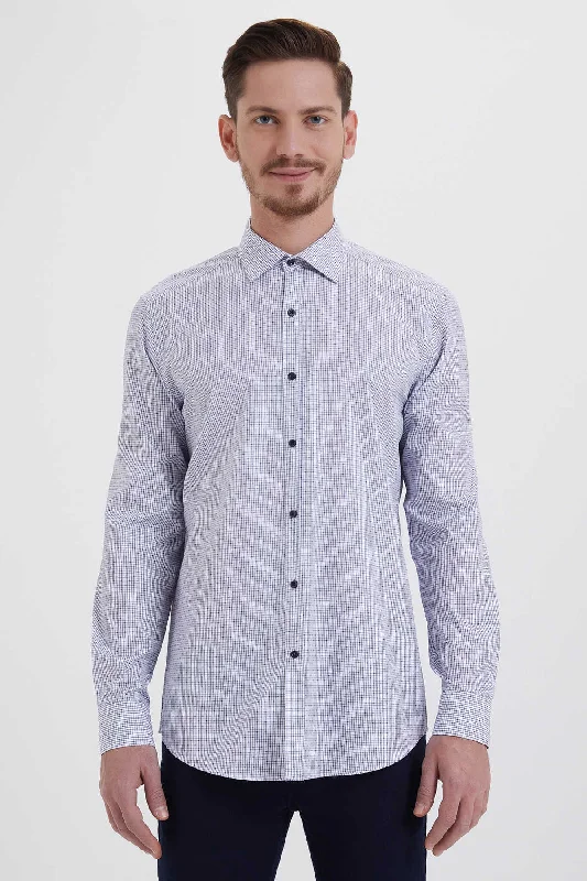 High-quality Styles Regular Fit Patterned Long Sleeve Cotton Blue Casual Shirt