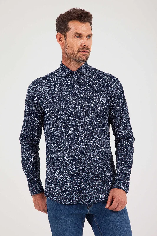 Refreshing Design Regular Fit Printed Cotton Blend Navy Casual Shirt