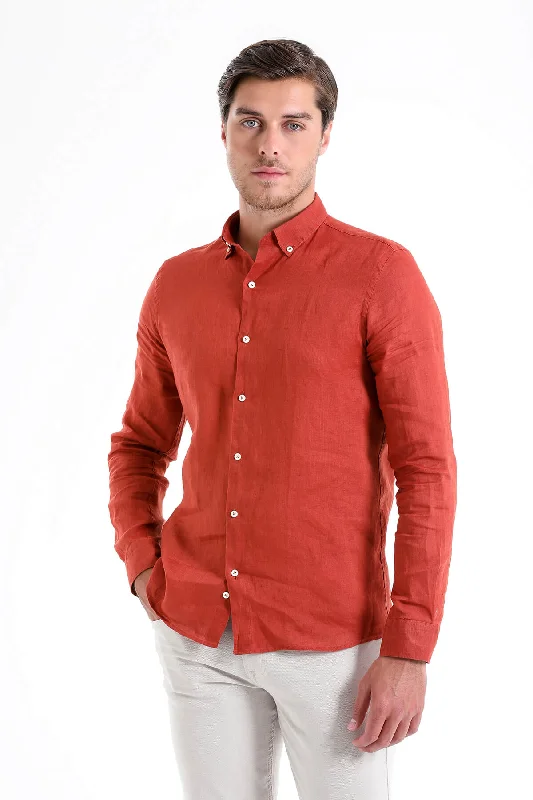 Easy Style Comfort Fit Long Sleeve Linen Brick Casual Shirt