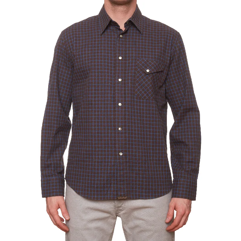 Fashionable Inner Wear BILLY REID Brown-Blue Checked Twill Cotton Casual Shirt NEW US L Standard Cut