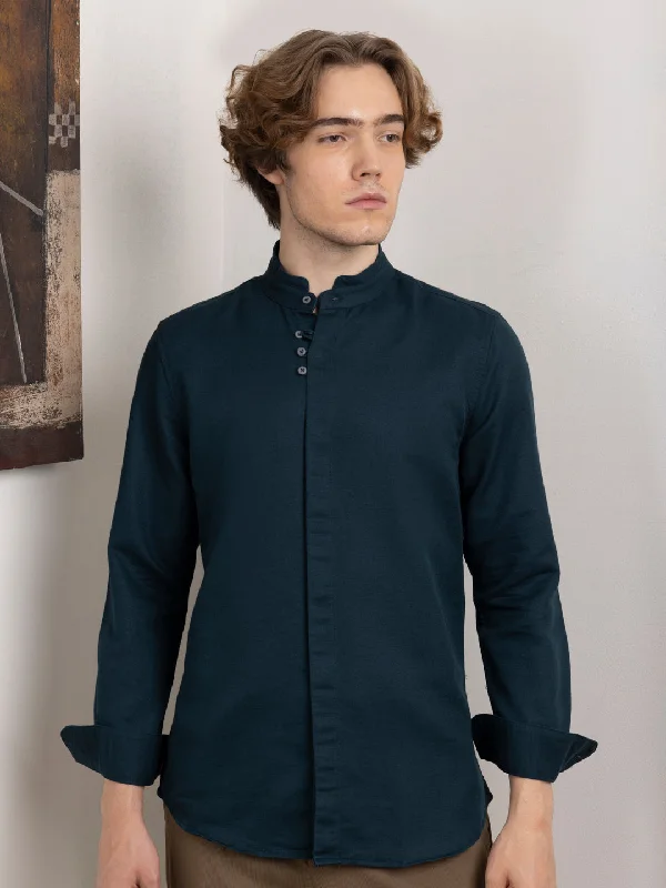 Versatile Style Teal Chinese Collar Shirt