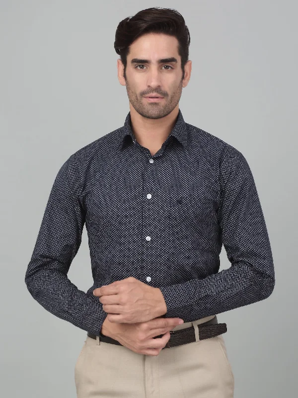 Everyday Outfits Men's Navy Blue Formal Geometric Print Full Sleeve Shirt