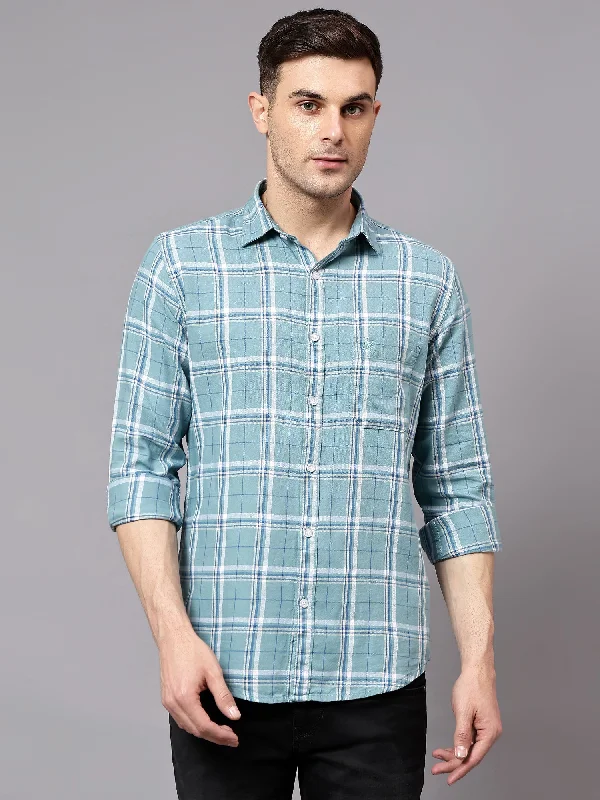 Cozy Chic Wear Men's Turquoise Casual Medium Checks Full Sleeve Shirt