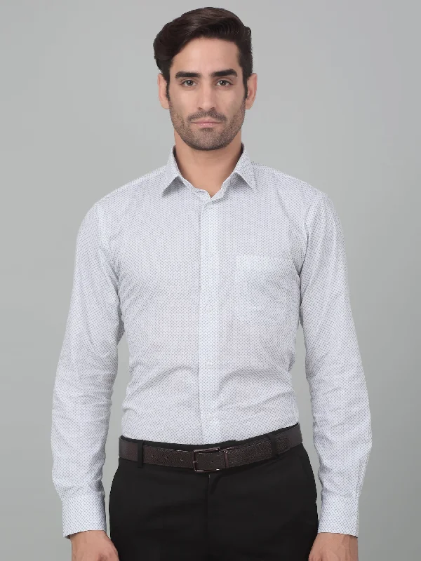 Sporty Comfort Men's White Formal Geometric Print Full Sleeve Shirt