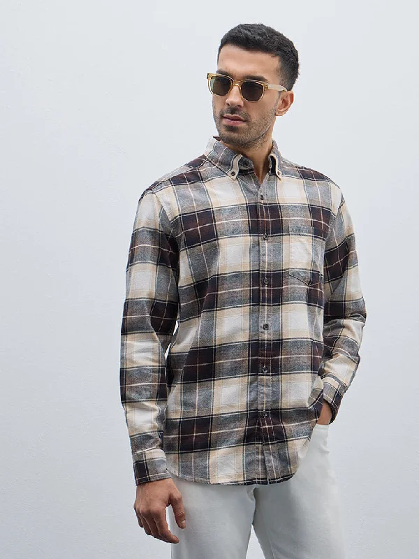 Relaxed Dresses WES Casuals Brown Checkered Relaxed-Fit Cotton Shirt