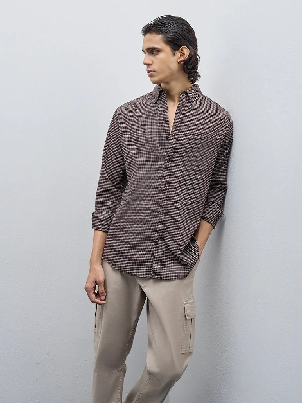 Elegant Design WES Casuals Brown Pin Checks Relaxed-Fit Cotton Blend Shirt
