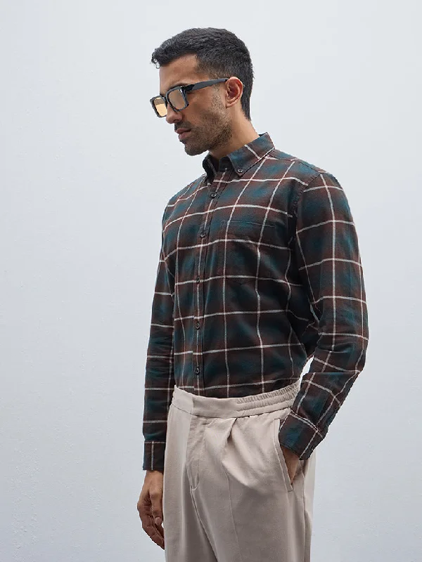 Soft Feel WES Casuals Dark Green Checkered Relaxed-Fit Cotton Shirt