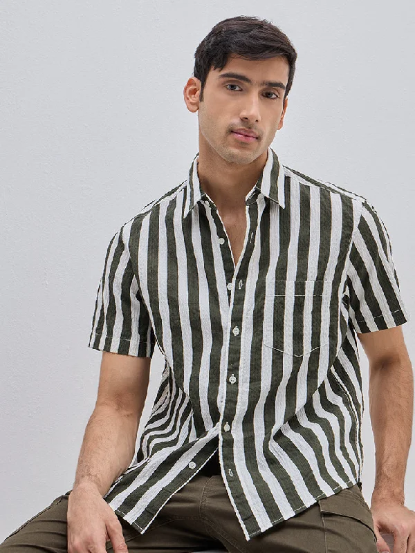 Relaxed Tops WES Casuals Olive Striped Relaxed-Fit Cotton Blend Shirt
