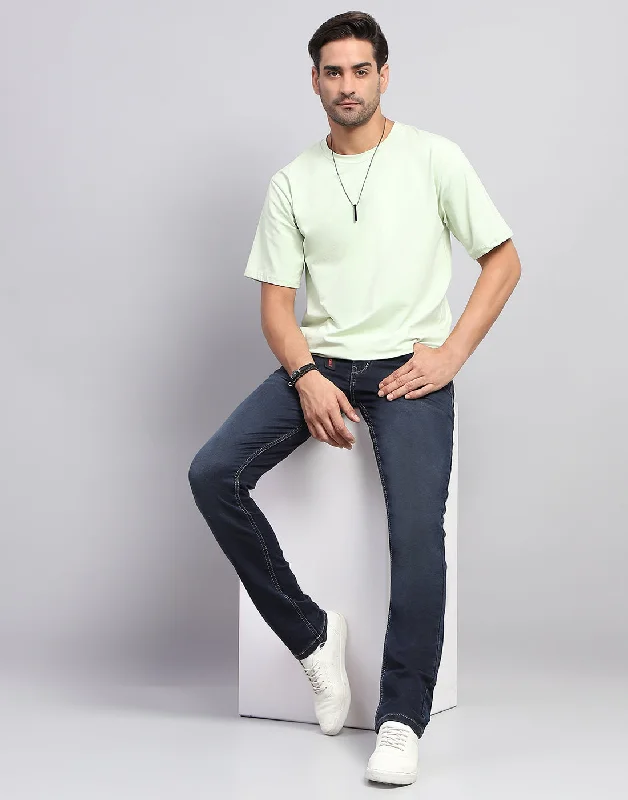High-end Fabrics Men Dark Blue Light Wash Narrow Fit Denim