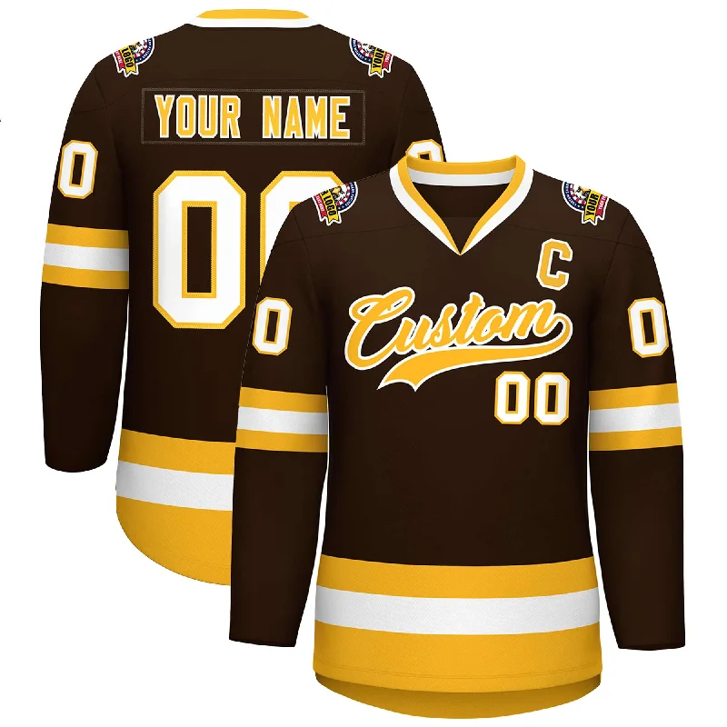 Simple Looks Custom Brown Gold-White Classic Style Hockey Jersey