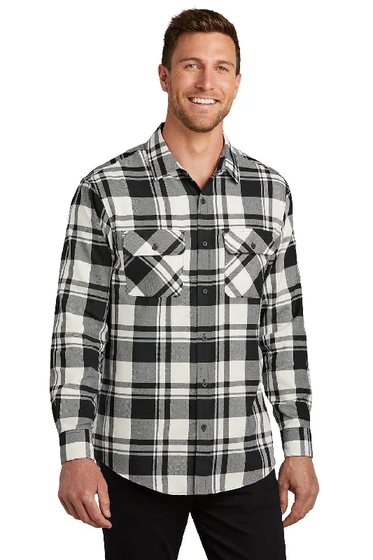 Versatile Casuals Port Authority Mens Flannel Long Sleeve Button Down Shirt w/ Double Pockets - Snow White/Black