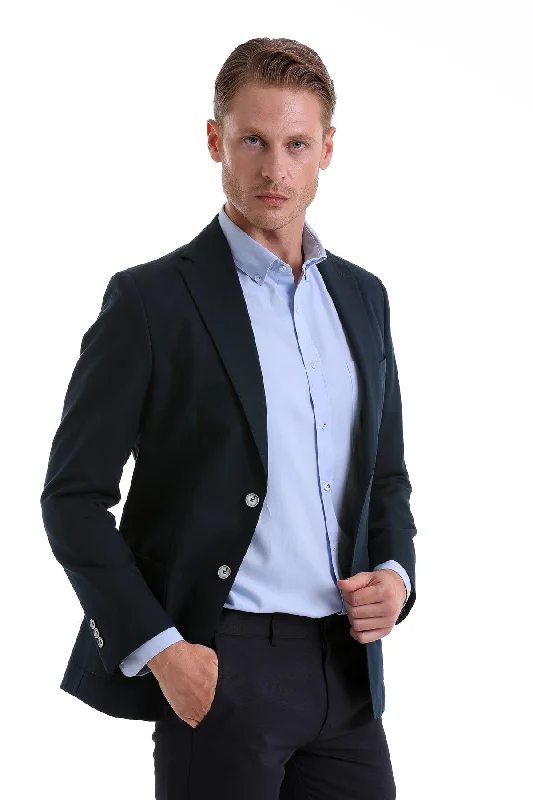 Versatile Itinerary Slim Fit Notch Lapel Plain Navy Linen Casual Blazer