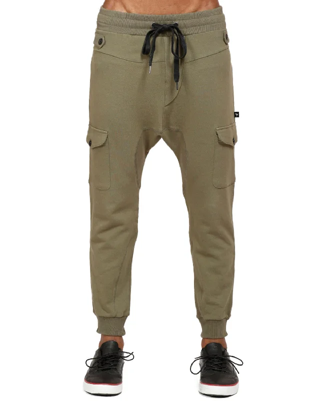 Comfortable Tops Men's Drop Crotch Cargo Pockets Sweatpants in Olive